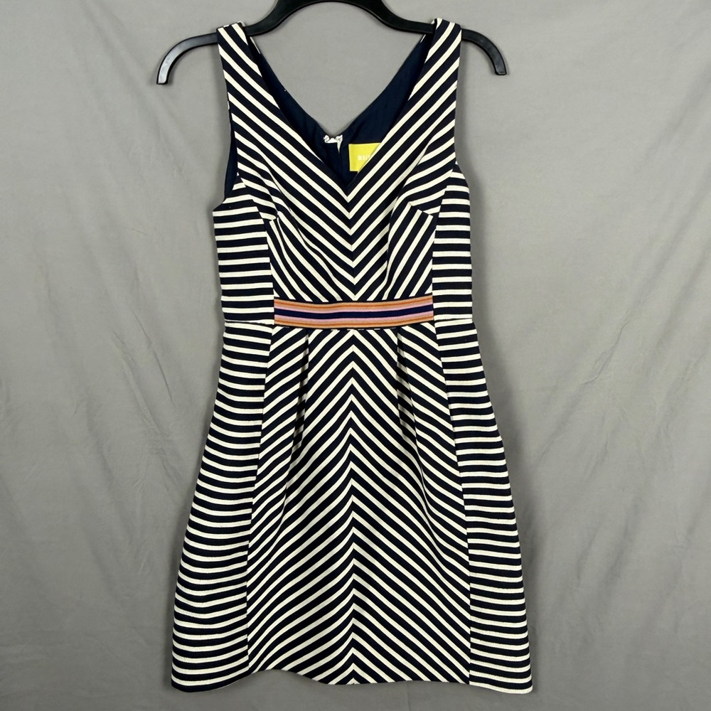 Maeve Navy and White Striped Fit-and-Flare Mini Dress with Pink Accent